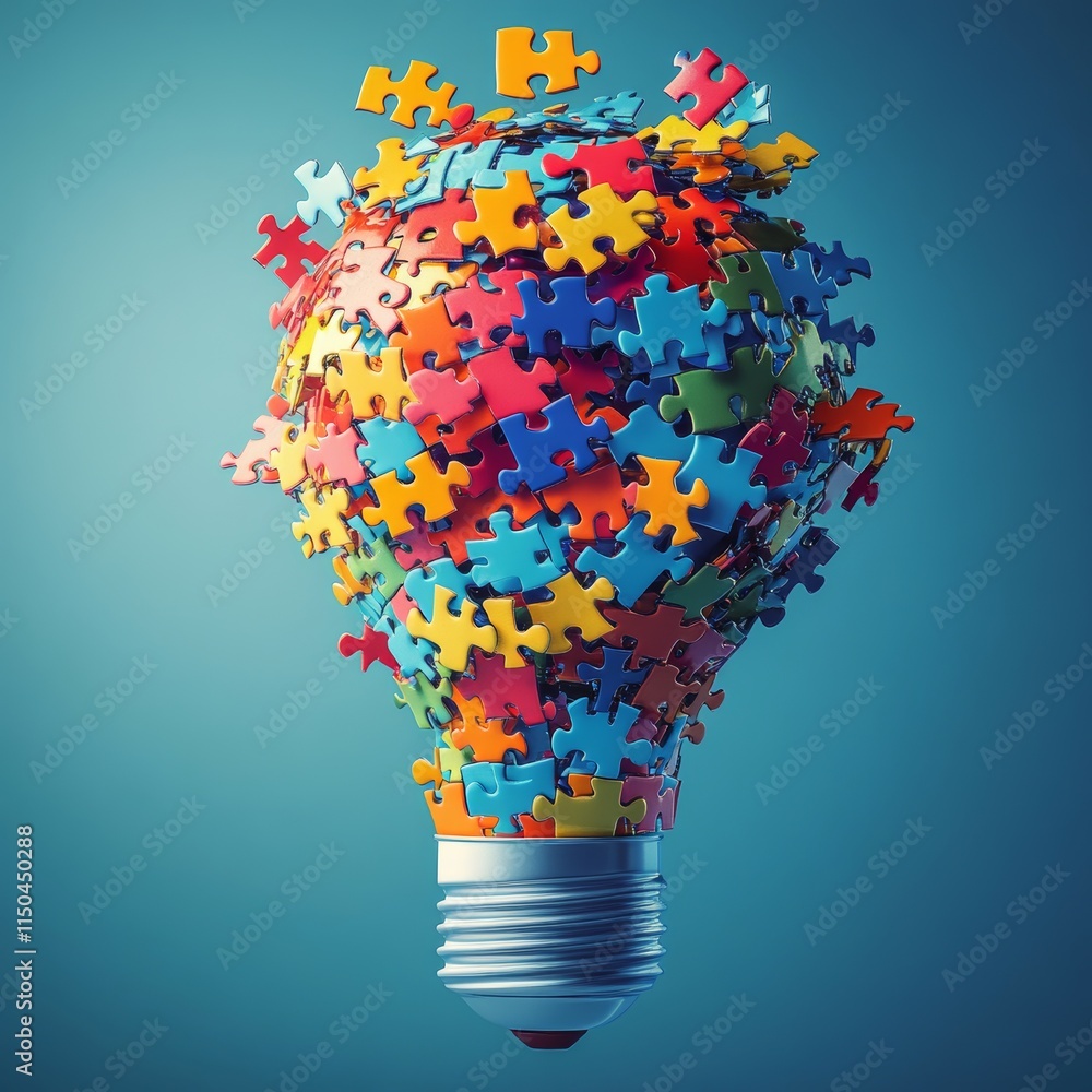 Poster colorful puzzle pieces forming a light bulb shape, symbolizing creativity and problem-solving in an 