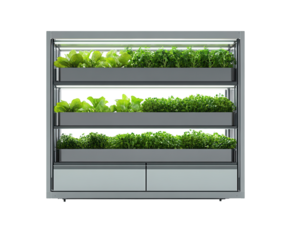 A vertical farming system showcasing fresh greens and innovation, pure flat white background. PNG transparent.