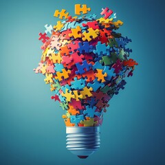 Colorful Puzzle Pieces Forming a Light Bulb Shape, Symbolizing Creativity and Problem-Solving in an Abstract Composition