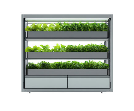 A vertical farming system showcasing fresh greens and innovation, pure flat white background. PNG transparent.