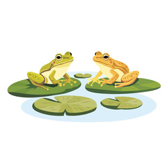  A tranquil pond with frogs sitting on lily pads. flat vector