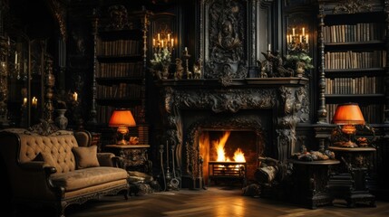 Fototapeta premium Gothic Library with Fireplace and Cozy Seating