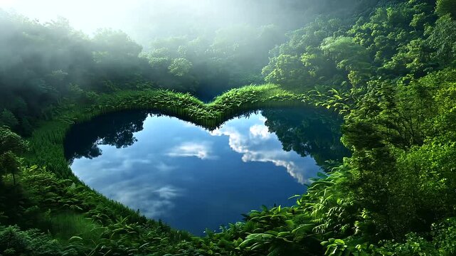 A serene natural landscape with a heart-shaped lake at its center, surrounded by lush, dewy foliage and illuminated by the soft glow of dawn