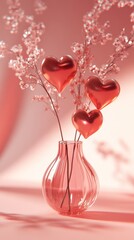 Romantic Red Heart Decorations in a Glass Vase with Delicate Branches.