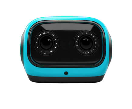 A small educational robot teaching kids coding, pure flat white background. PNG transparent.