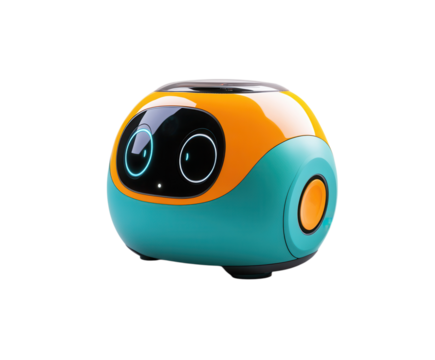 A small educational robot teaching kids coding, pure flat white background. PNG transparent.