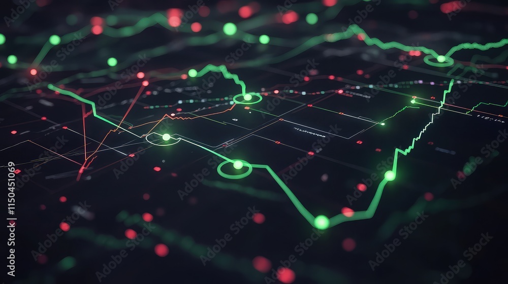 Poster a minimalist financial interface with green and red trend lines intersecting across a dark, digital 