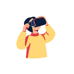  A person using a VR headset to explore a virtual world. flat vector