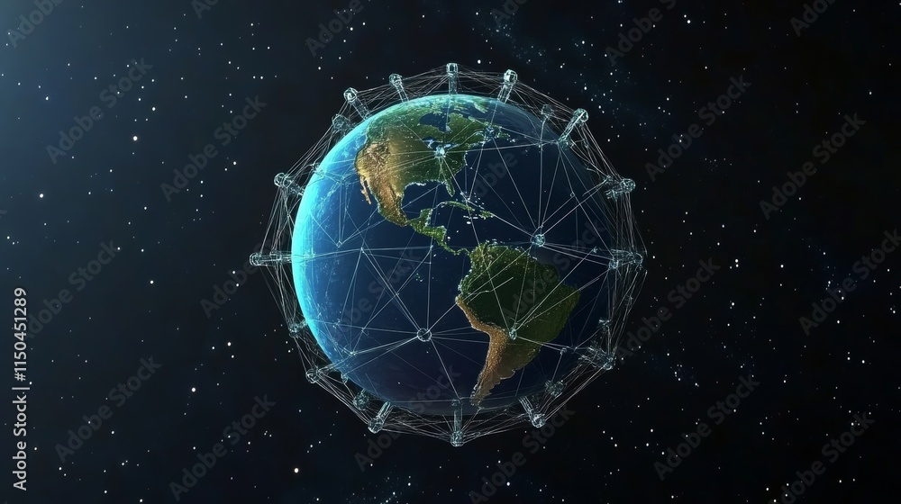 Poster digital representation of earth with interconnected data nodes in outer space showcasing global conn