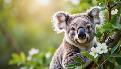 Fototapeta premium A koala clings to a tree branch, surrounded by vibrant greenery and delicate flowers, embodying the spirit of World Wildlife Day and highlighting wildlife conservation efforts