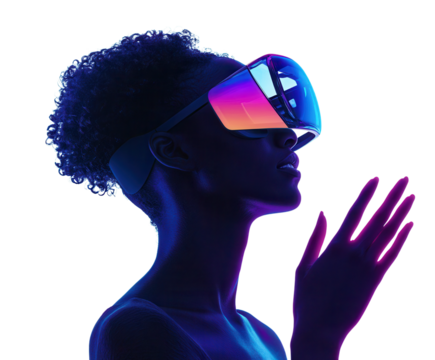 A person interacting with a holographic interface using mixed reality glasses, pure flat white background. PNG transparent.