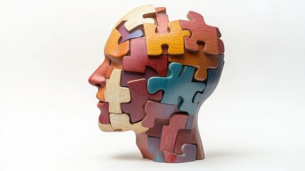 Human head profile and jigsaw wooden puzzle, cognitive psychology or psychotherapy concept, mental health, brain problem, personality disorder, vector line design, psychological treatment