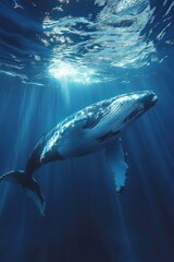A large whale is swimming in deep blue water. A scuba diver is visible below.