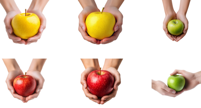 Collection of various hands holding a yellow, red and green apple isolated on white transparent background PNG set - Powered by Adobe