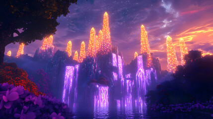 A radiant palace in Ladesha with towers of glowing crystal and cascading light waterfalls shimmering in a twilight sky.