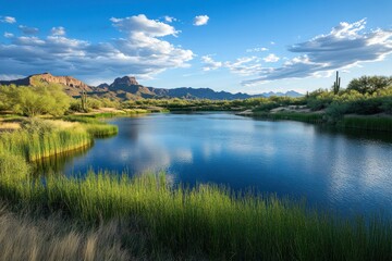 Obraz premium Serene Desert Lake Under a Cloudy Sky with Mountains