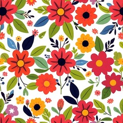 Vibrant Floral Pattern: A cheerful and lively seamless pattern featuring a variety of colorful flowers and leaves in a playful design. Perfect for textile prints, wallpapers, and more. 