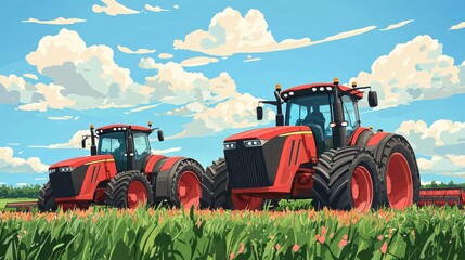 Obraz premium Two red tractors in a vibrant farmland setting, surrounded by blooming crops and under a bright blue sky, symbolizing modern farming