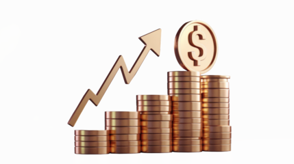 A 3D illustration of a stack of golden dollar coins with an decrease and increase arrow graph, symbolizing financial growth and success, isolated, png, transparent, clipart, transparent background, cu