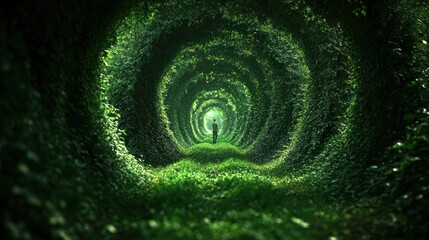 A person walking through a tunnel of lush, vibrant green foliage.