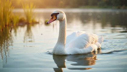 Fototapeta premium A beautiful white swan swims smoothly in calm waters at a lake, surrounded by lush greenery as the sun sets. This scene captures the essence of wildlife conservation