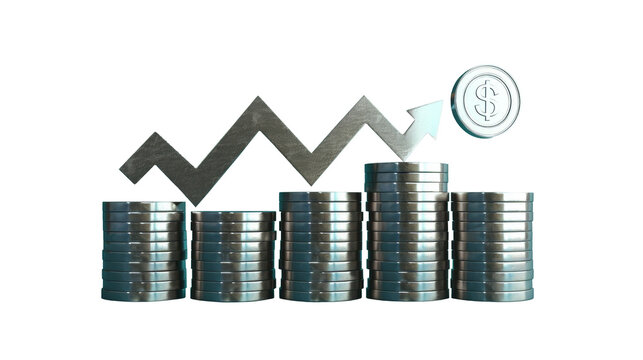 A 3D illustration of a stack of silver dollar coins with an decrease and increase arrow graph, symbolizing financial growth and success, isolated, png, transparent, clipart, transparent background, cu
