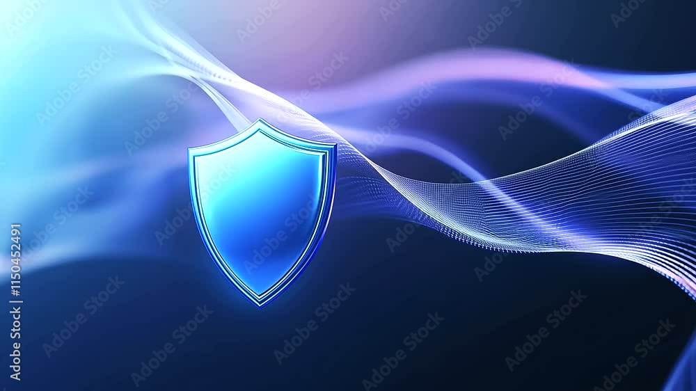 Aufkleber a minimalist blue shield icon on a soft gradient background, with abstract, flowing wavy lines subtl