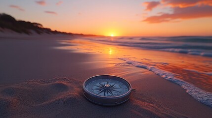 A vintage compass sits on a sandy beach at sunset, bathed in warm golden light. Gentle waves lap at the shore.