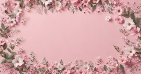 Fototapeta premium Pastel pink background with scattered flowers and leaves, leaf, flower, background