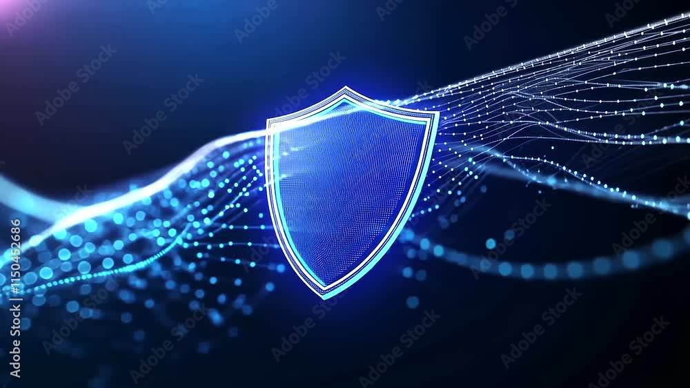 Aufkleber a vibrant blue shield icon on a digital-inspired background with softly undulating wavy lines, creat