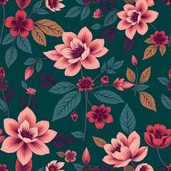 Floral Dark Teal Pattern: Elegant blush pink and burgundy flowers with teal leaves create a seamless, sophisticated pattern. Perfect for textiles, wallpapers, and surface designs. 