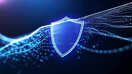 A vibrant blue shield icon on a digital-inspired background with softly undulating wavy lines, creating a sense of fluidity and robust cybersecurity