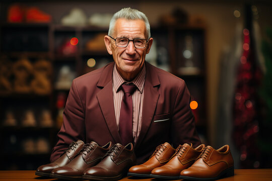 A senior gentleman, dressed in a maroon blazer and burgundy tie, presents two pairs of elegant brown leather shoes. The setting appears to be a shoe store, with shelves of footwear in the background.