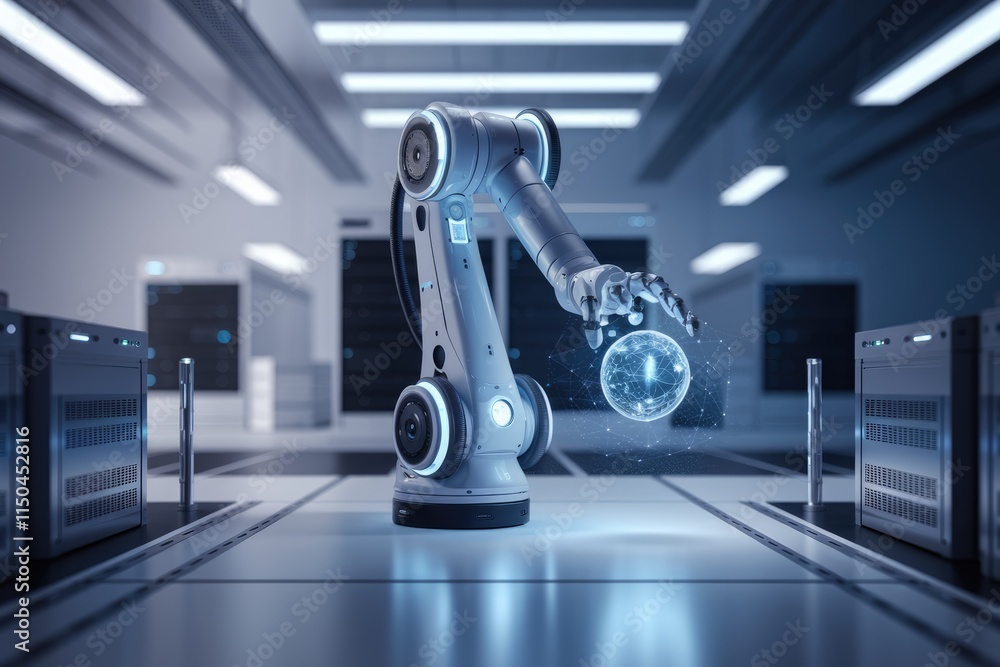 Poster A robotic arm in a data center interacts with a glowing digital sphere, symbolizing automation and technological advancement.