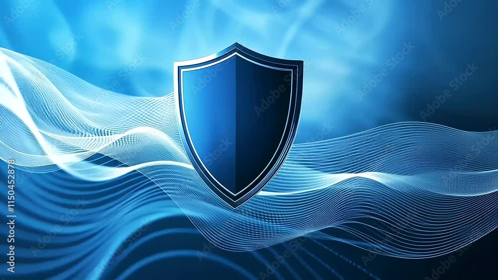 Poster a vibrant blue shield icon on a digital-inspired background with softly undulating wavy lines, creat