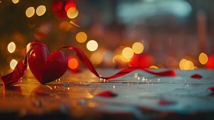 Romantic Valentine's Day Heart with Red Ribbon and Festive Lights