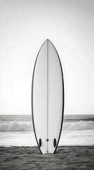 A black and white photograph shows a surfboard standing upright on a sandy beach, the ocean visible in the background. This image is one of many files in a larger Adobe Stock upload interface.