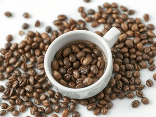 Fototapeta premium Roasted coffee beans spilling from a pristine white cup, product photography,ceramic cup,coffee beans