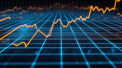 A sleek financial chart with blue and orange trend lines, each point pulsing with light, over a grid background. 