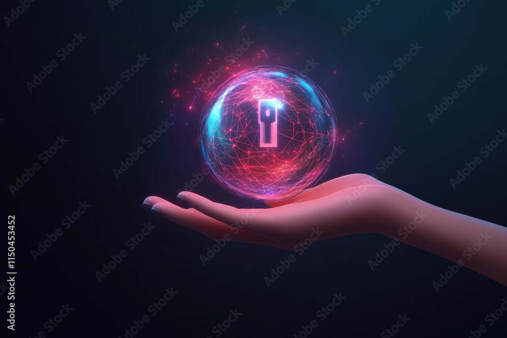 Poster a holographic lock interface representation in a hand sketch, showcasing security and connectivity i