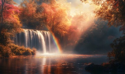 Waterfall with a rainbow appearing in the mist, surrounded by a kaleidoscope of autumn colors.