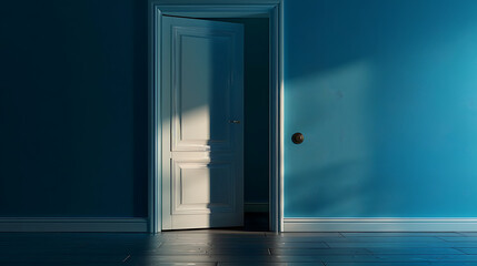 Open door in a blue room, cinematic and realistic presentation of space and atmosphere.