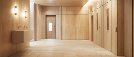 wood paneled walls with a natural wood finish. Wallcovering of wooden, tiled, and square blocks
