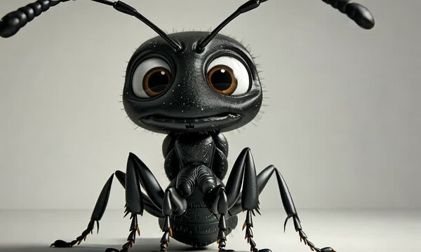 Cute cartoon black ant with large eyes sitting.