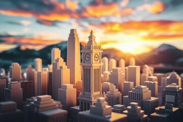 Obraz premium A miniature cityscape at sunset, with a prominent clock tower as the focal point, showcasing urban development and modern architecture.