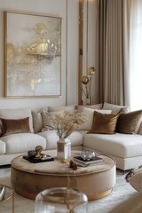 Luxurious Mocha Mousse Ottoman in Minimalist Living Room with Gold Accents