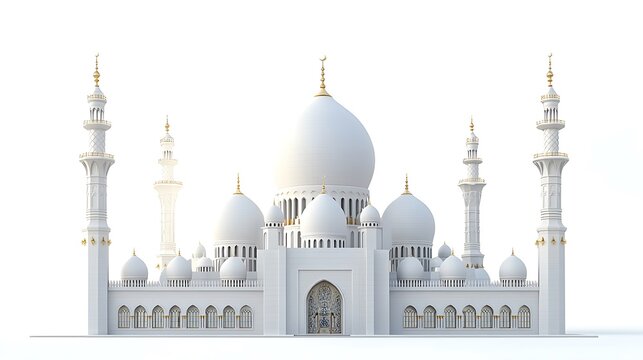 A white mosque with multiple domes isolated on white background.