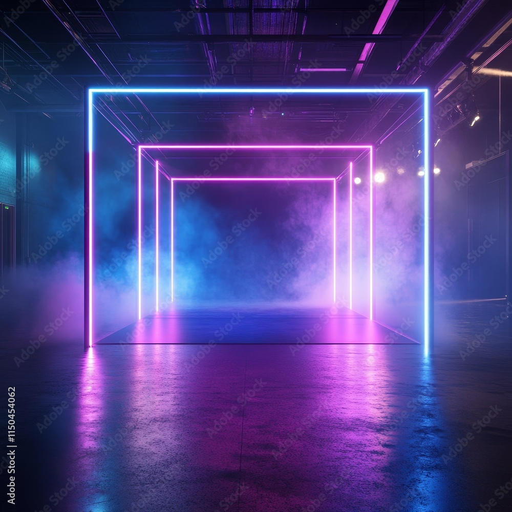 Aufkleber neon lights create a vibrant atmosphere in an empty industrial space for a modern event or performan