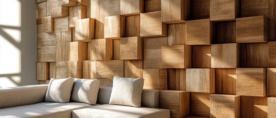 wood paneled walls with a natural wood finish. Wallcovering of wooden, tiled, and square blocks