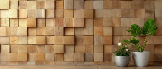 wood paneled walls with a natural wood finish. Wallcovering of wooden, tiled, and square blocks